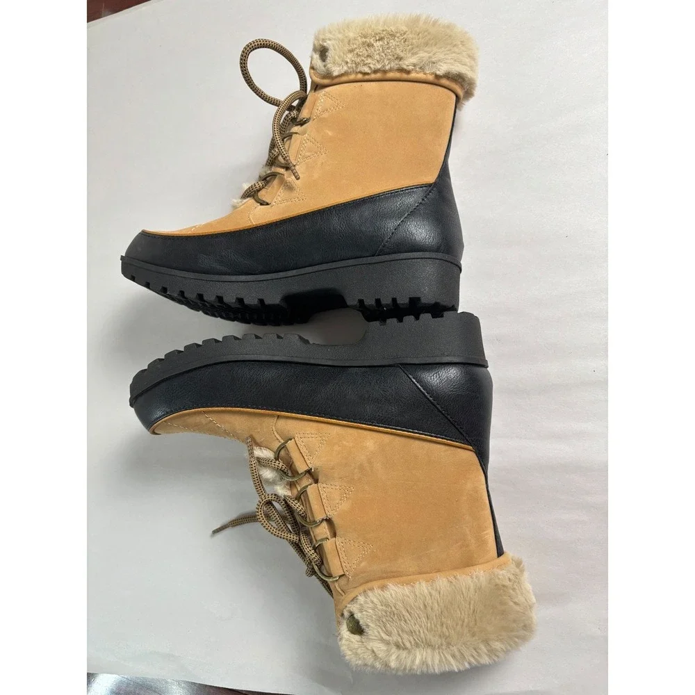 JBU‎ Womens Southgate Winter Duck Boots 7M Tan Black Faux Fur Lined Lace Up